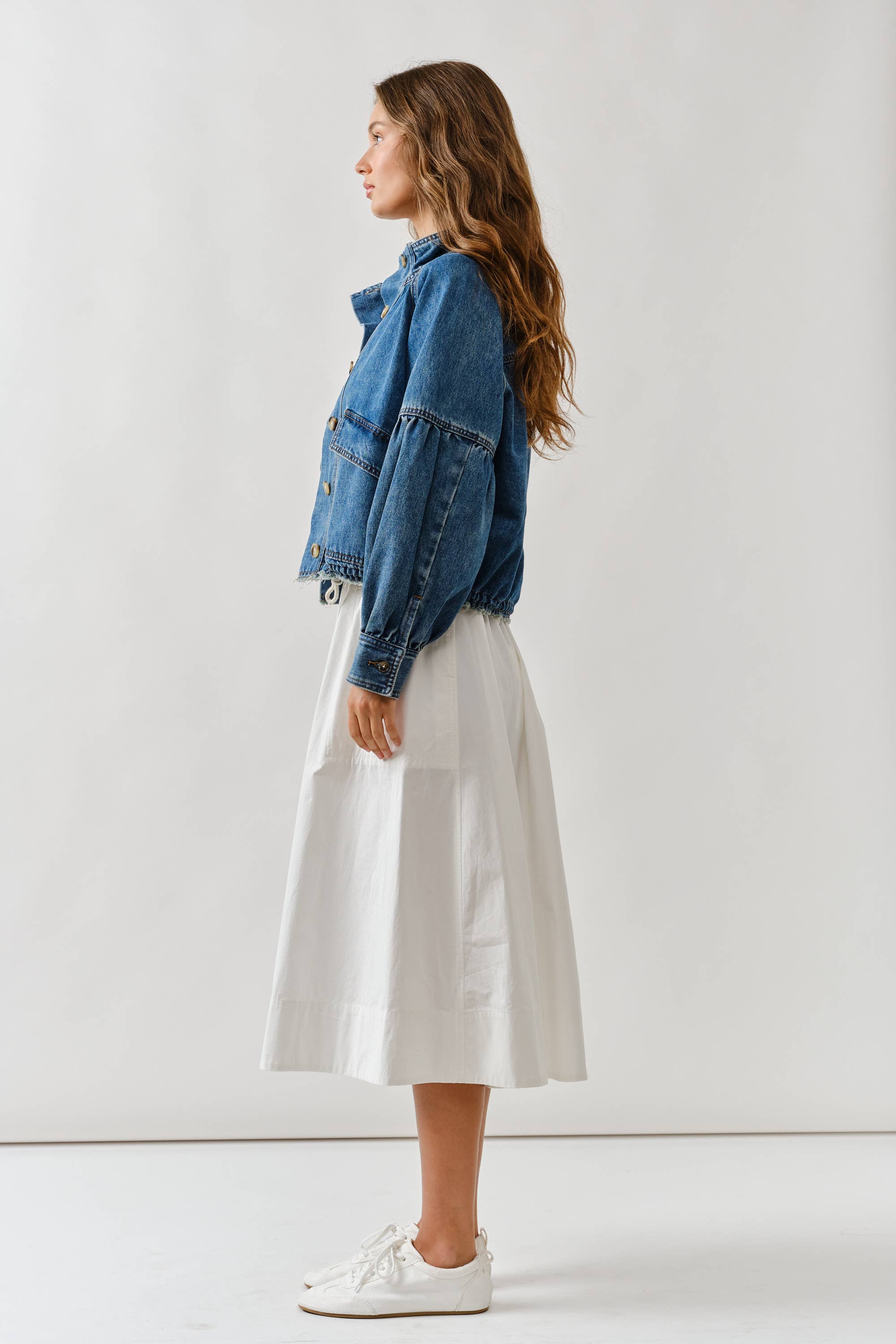 Ballon Sleeve Twill Jacket Drawstring Waist