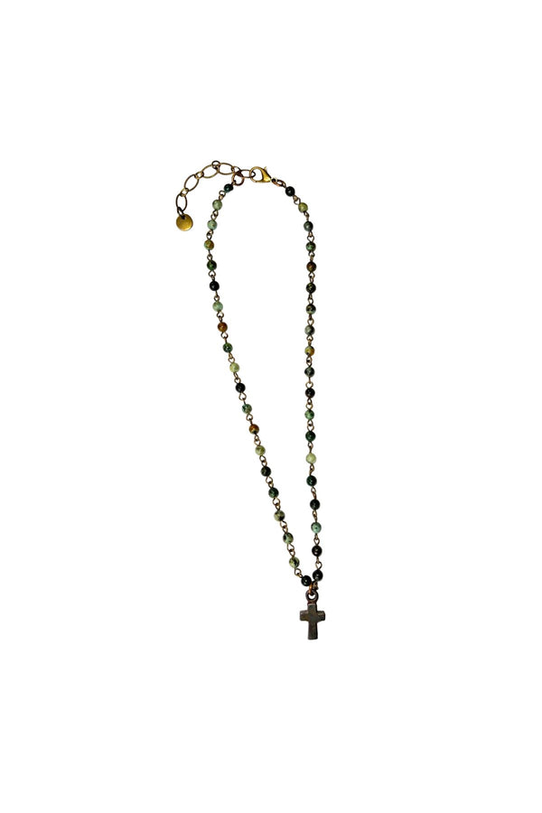 Antiqued Green Stoned Cross Necklace