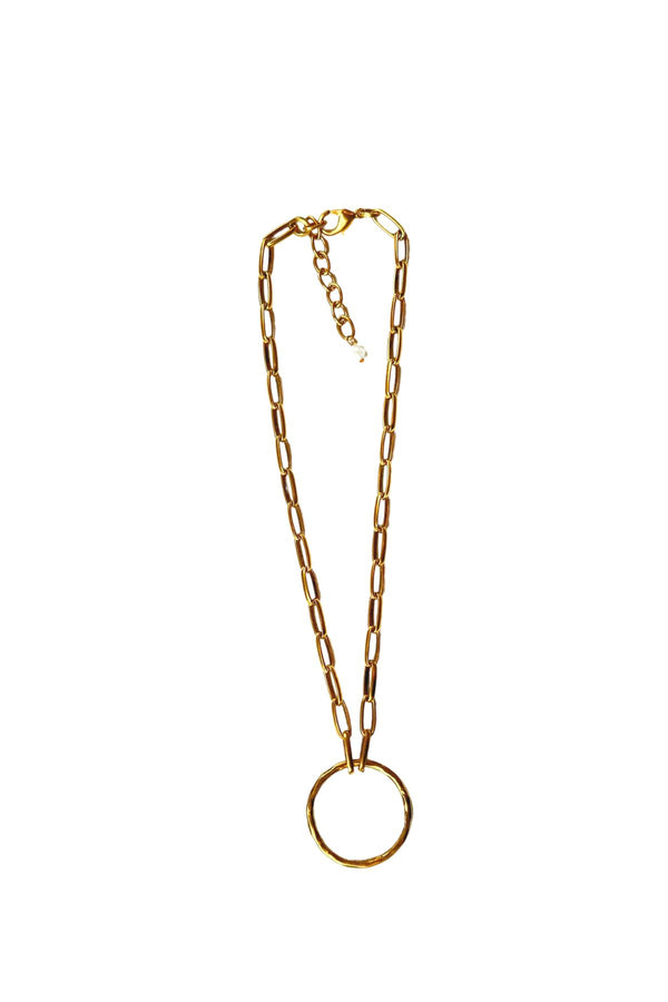 Gold Link Necklace with Hammered Circle