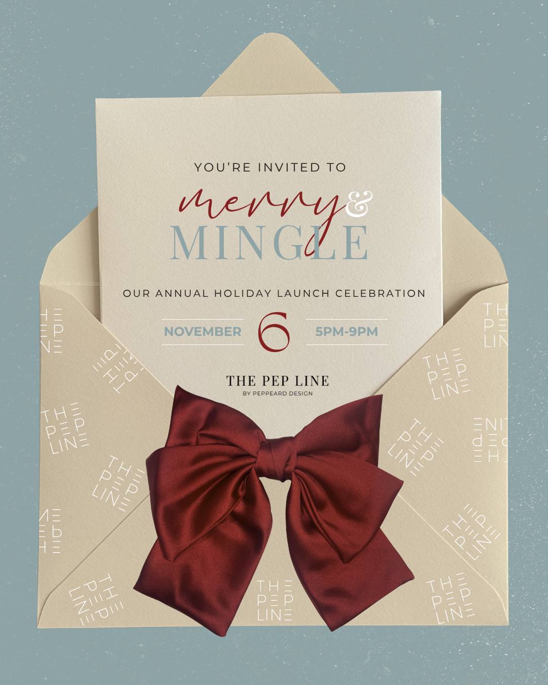 A festive holiday invitation card with an envelope and a large burgundy bow. The invitation reads 'You're invited to merry & mingling our annual holiday launch celebration' with the date 'November 6' and time '5pm-9pm'.