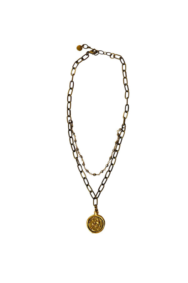 Antiqued Coin Chain with Black Beads Necklace