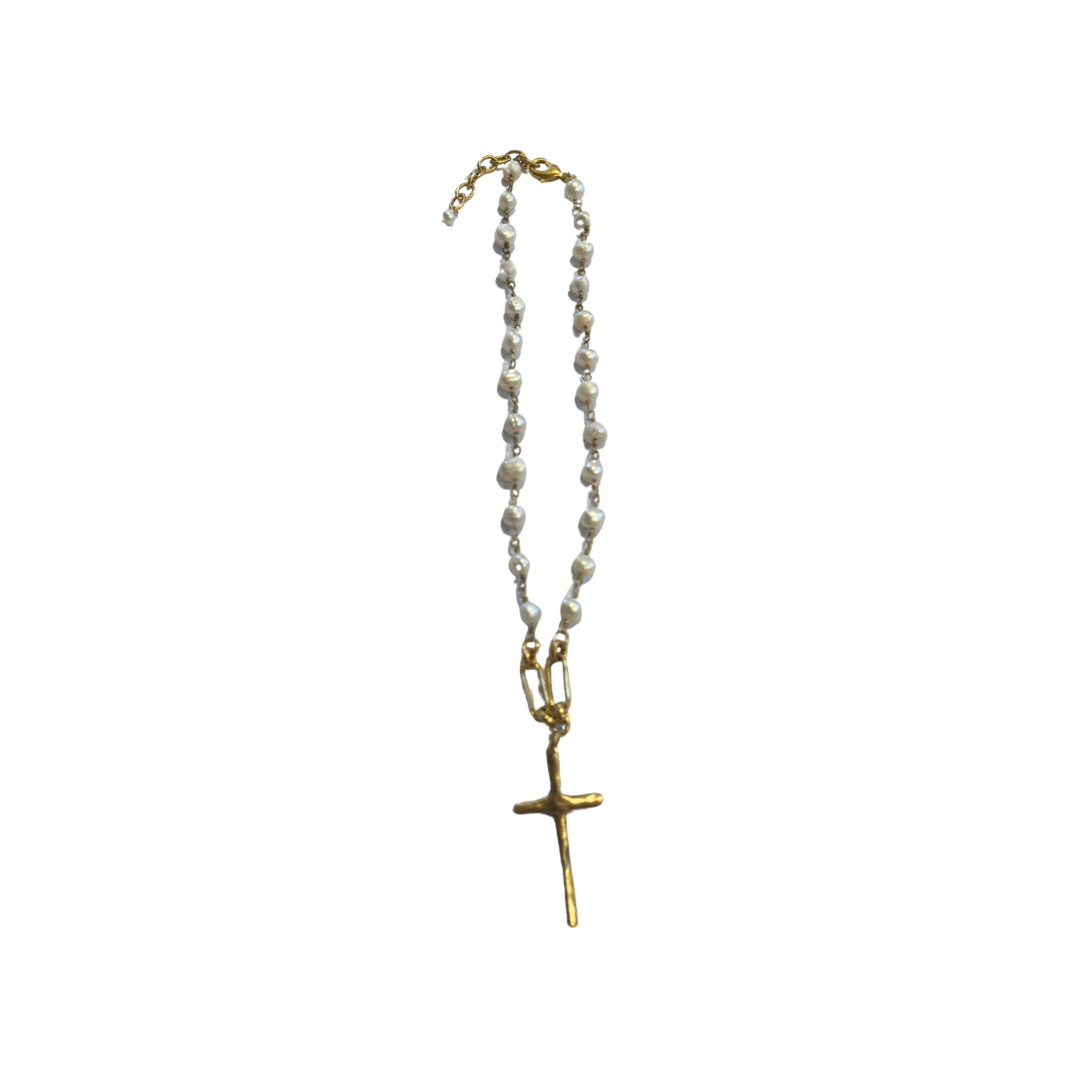 Full Pearl Long Cross Necklace