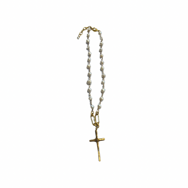 Full Pearl Long Cross Necklace