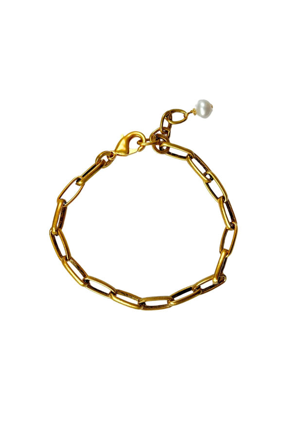 Gold Link Bracelet with Pearl Drop