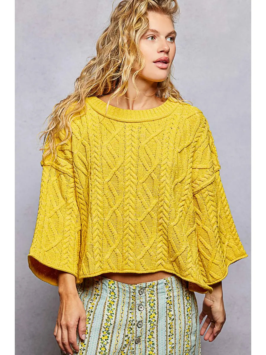 Yellow Cable Knit Cropped Sweater