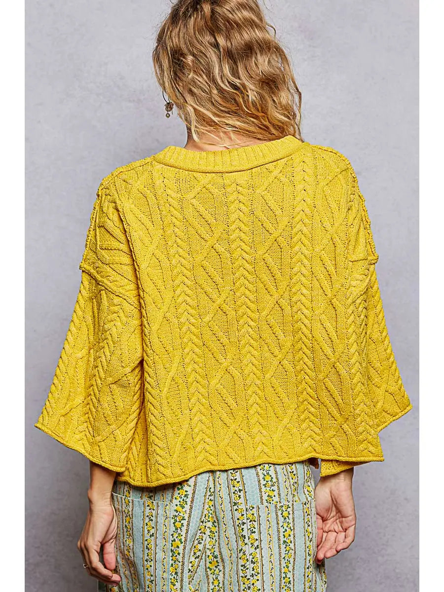 Yellow Cable Knit Cropped Sweater