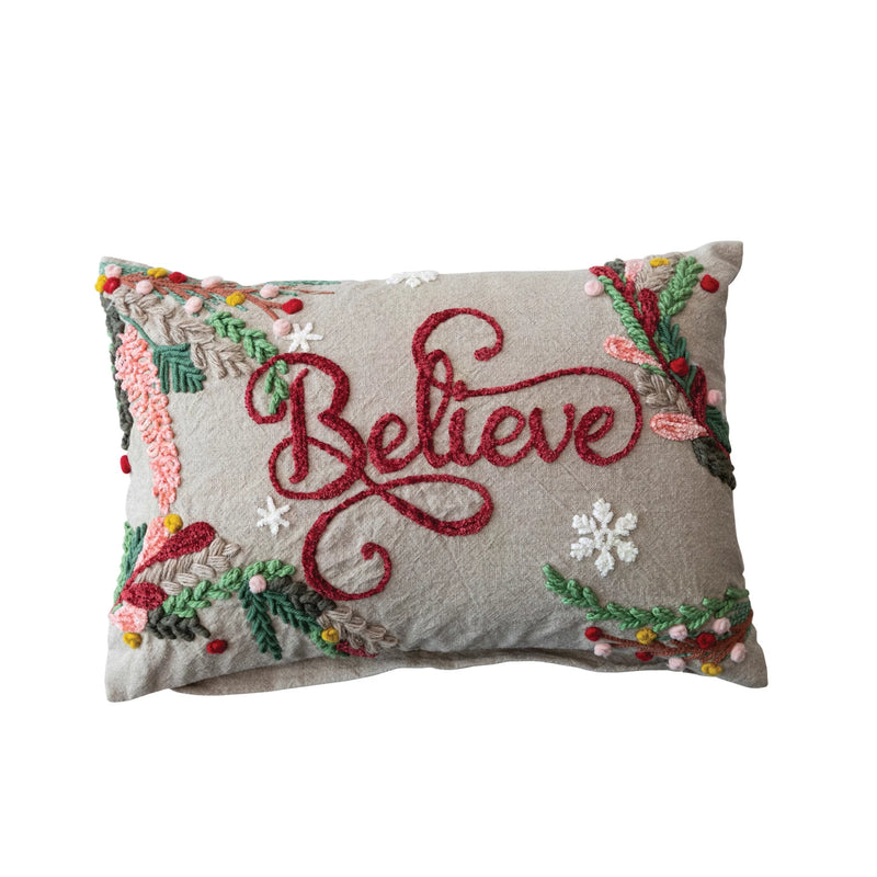 "Believe" Chambray Embroidered Lumbar Pillow