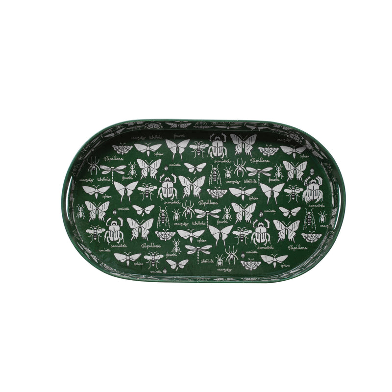 Green Garden Print Metal Tray with Handles