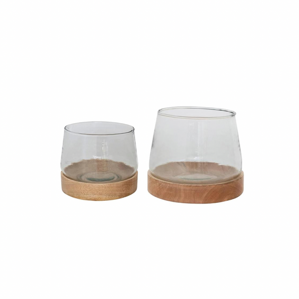 Glass Hurricane Vase with Mango Wood Base